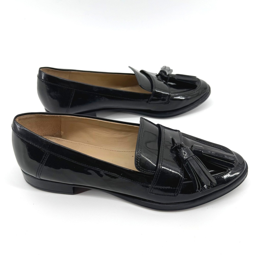 Via Spiga Tassel Loafers Women 7M Black Patent Leather Flats Shoes Luxury Preppy